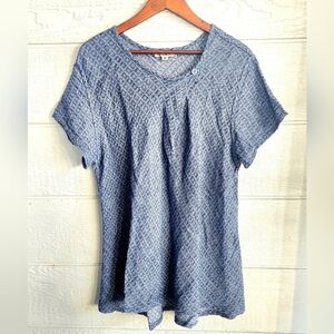 Flax Linen Diamond Pattern Top Blue Short Sleeve Womens M Button Accent Woven